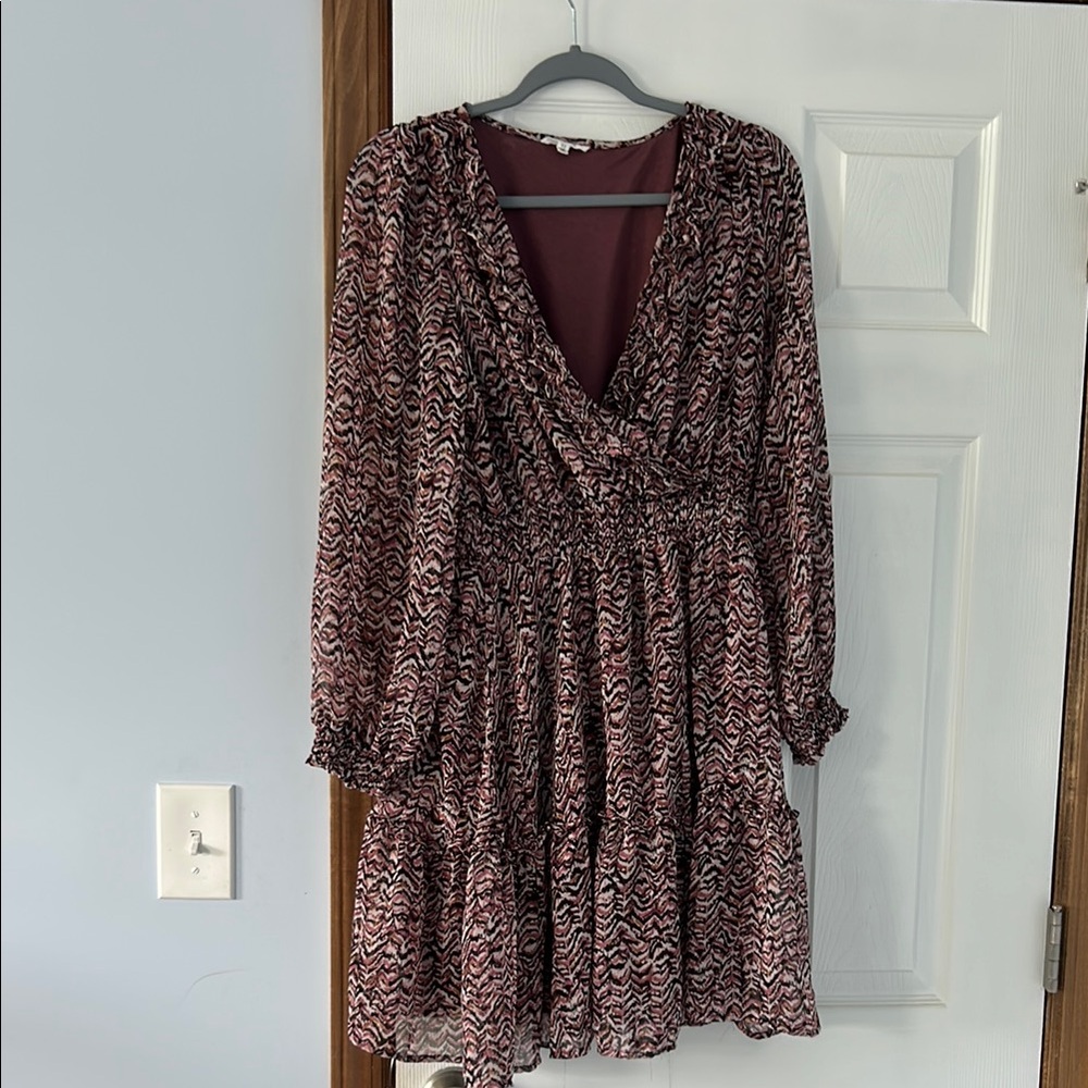 Maurices Red and Tan Wrap Sundress with Bishop Sleeves